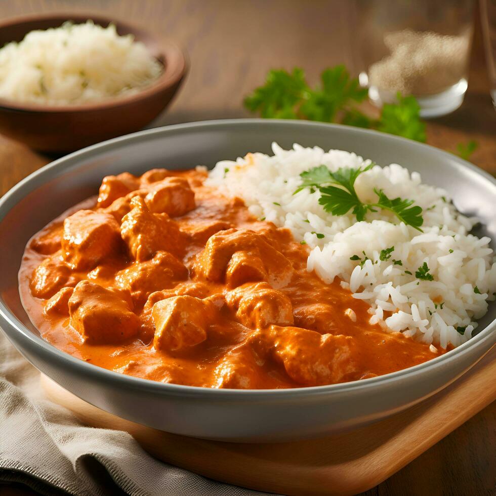 Chicken tikka masala with rice in bowl on wooden table photo