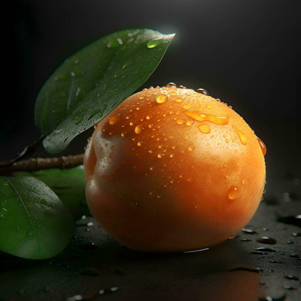 Fresh apricot with water drops on black background  closeup photo