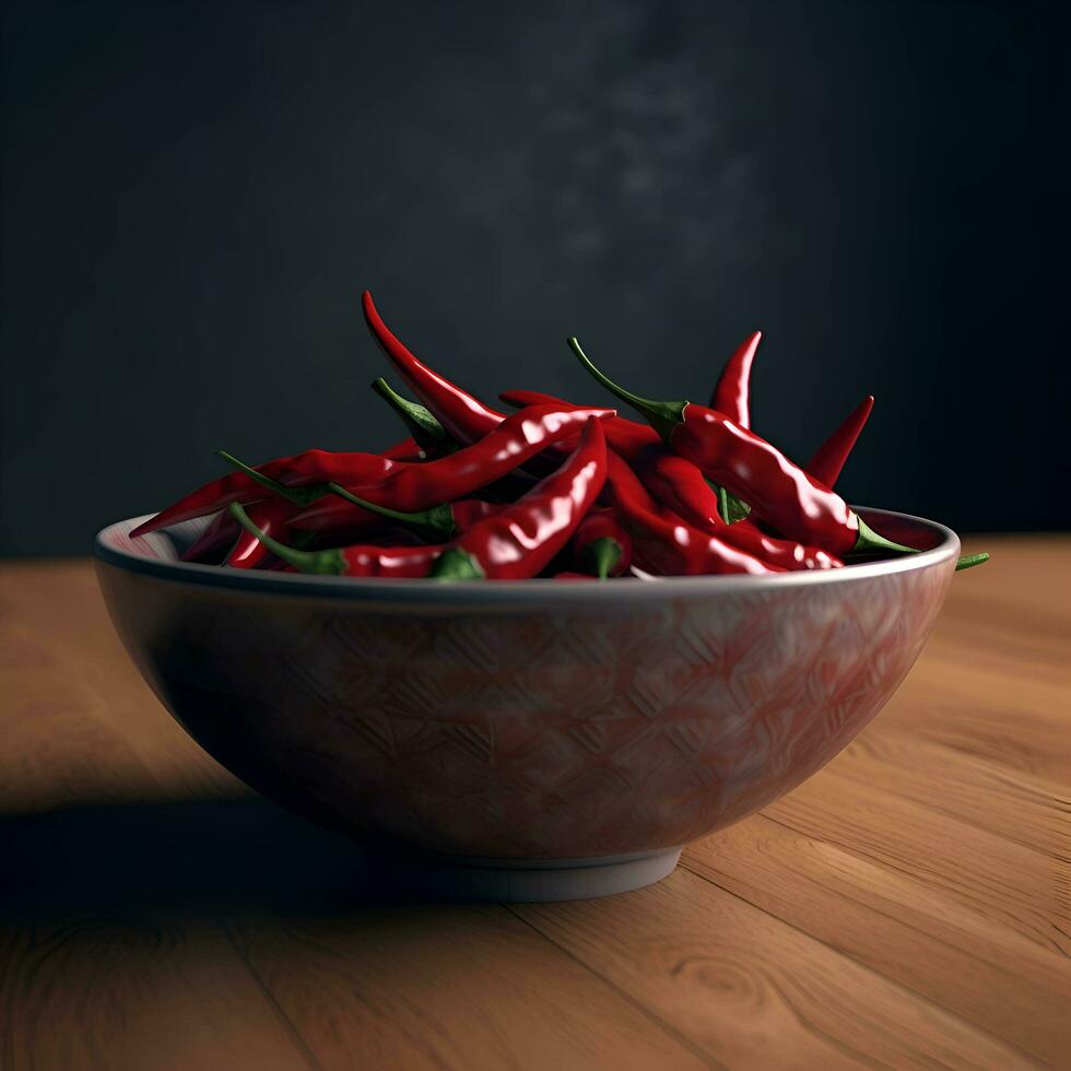 rojo caliente chile pimientos en un cuenco en un de madera mesa. oscuro antecedentes. foto