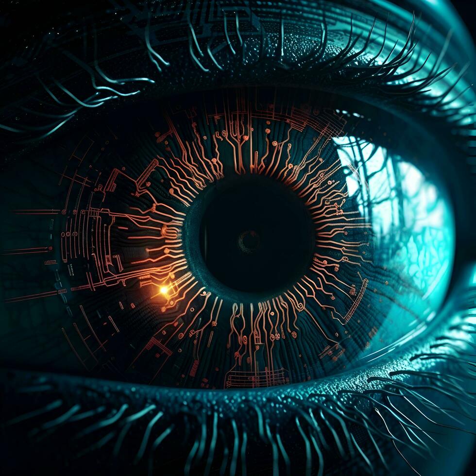 3D rendering of cyber eye with glowing iris. Vision concept photo