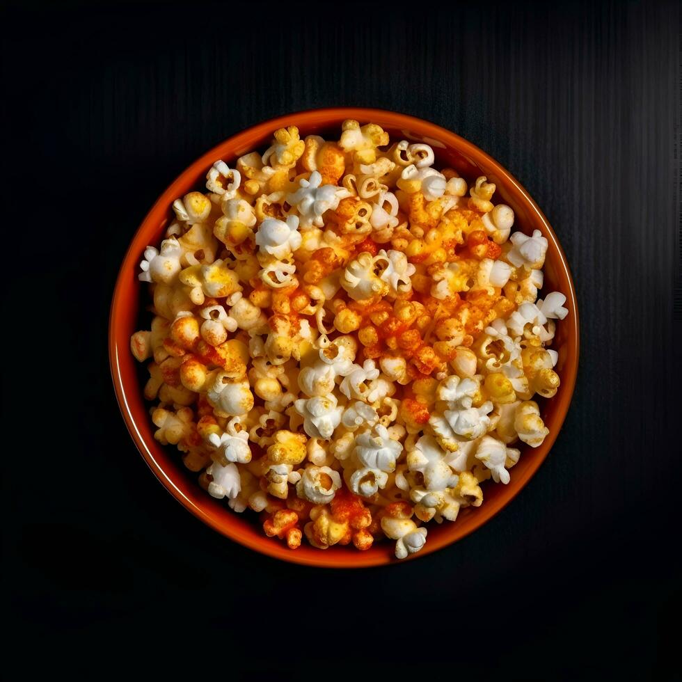 Popcorn in a bowl on a black background. Top view. photo