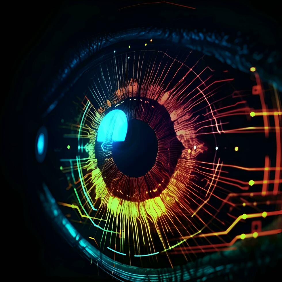 Futuristic eye with glowing iris. 3d illustration. photo