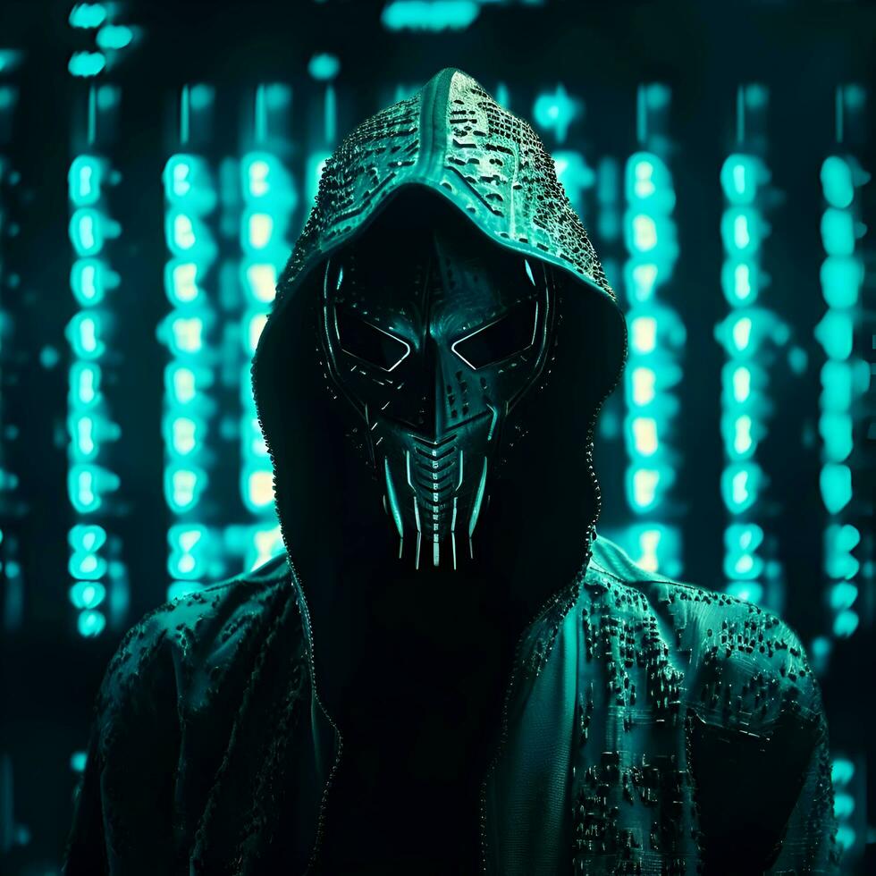 Cyborg in a dark room with binary code. 3d rendering photo