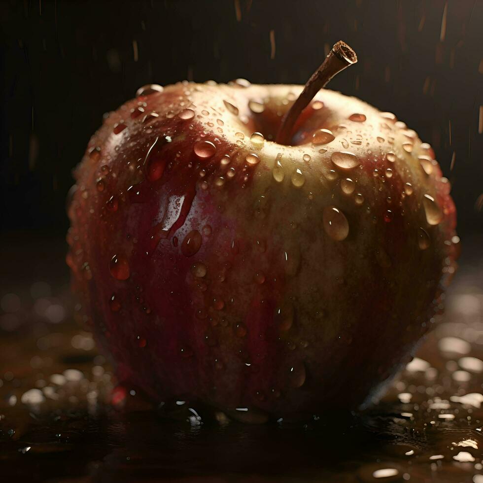 Red apple with drops of water on a dark background  close-up photo
