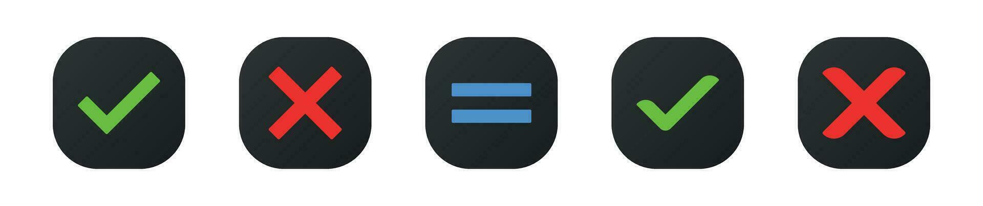 Neomorphic check mark, cross mark dark rectangular color icons set with white background. vector