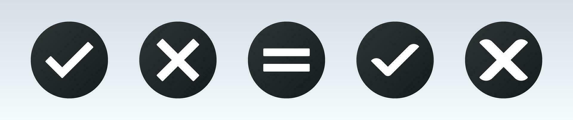 Neomorphic check mark, cross mark dark icons set EPS10. vector