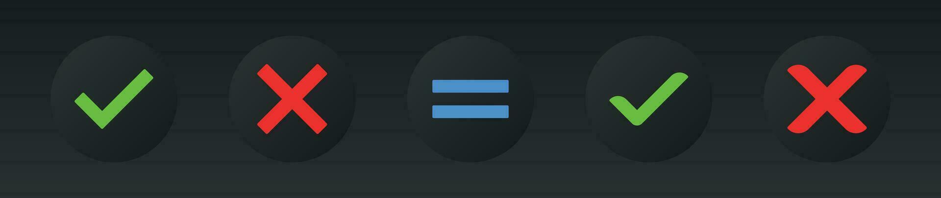 Neomorphic style check mark, cross mark dark color icon set EPS10. vector