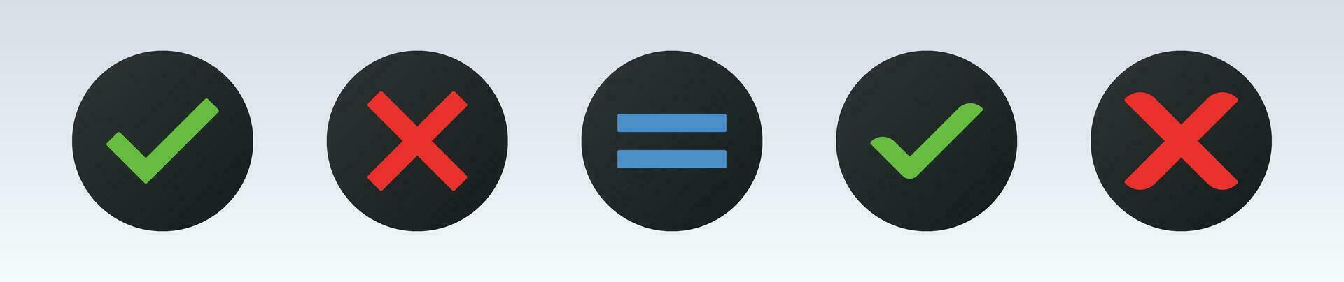 Neomorphic style check mark, cross mark dark circle color icon set. vector