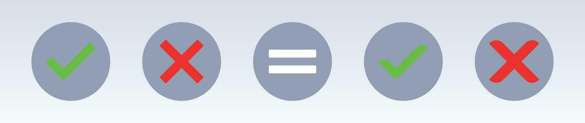 Check mark, cross mark dark circle color icon set with light background. vector
