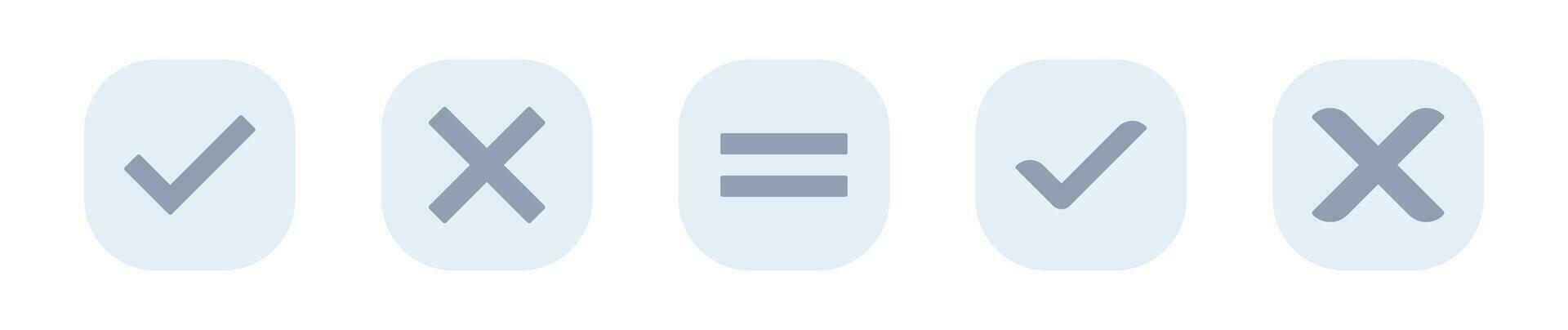 Check mark, cross mark light rectangular gray icon set. vector