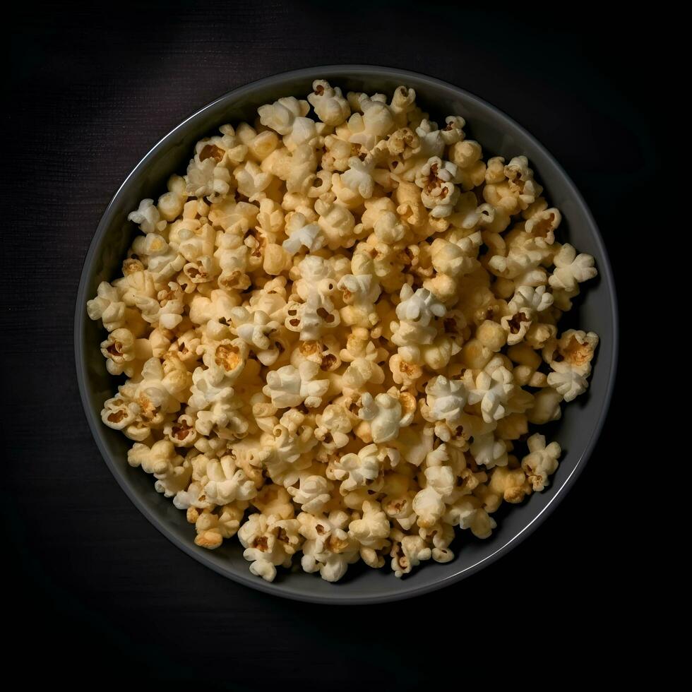 Popcorn in a bowl on a dark wooden background  top view photo