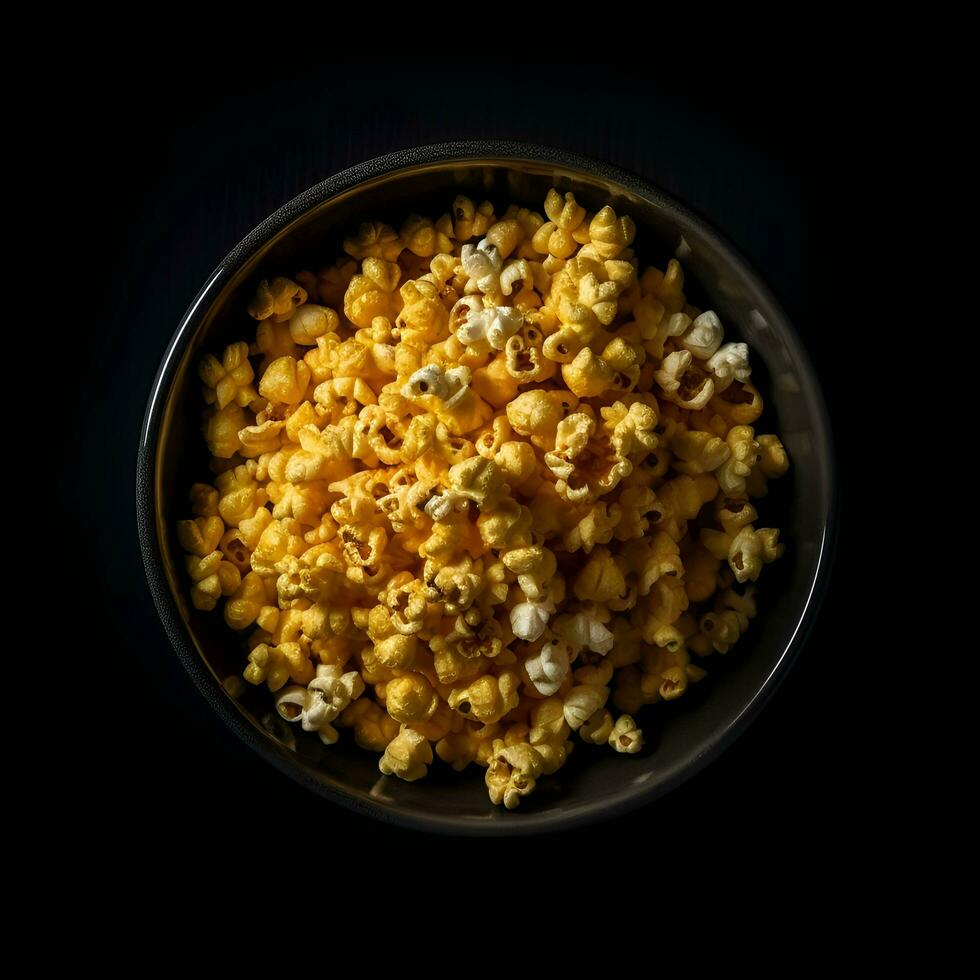 Popcorn in a bowl on a black background  top view. photo