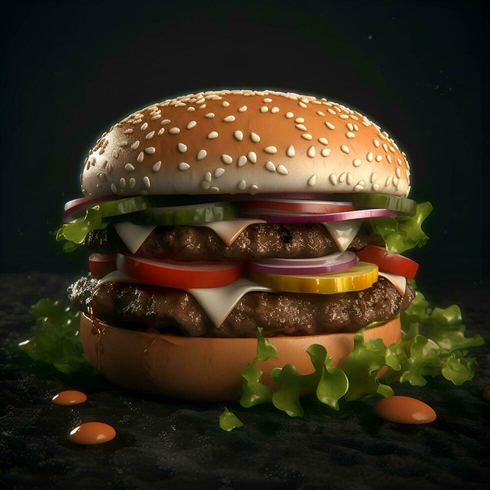 Hamburger with fresh vegetables on black background  3d illustration photo