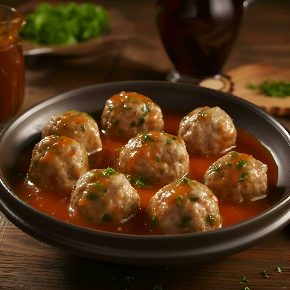 albóndigas en tomate salsa con perejil en un cuenco en de madera mesa foto