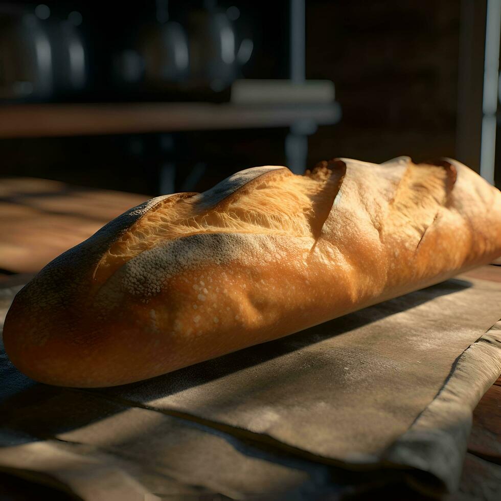 Freshly baked baguette on the table in the kitchen. photo