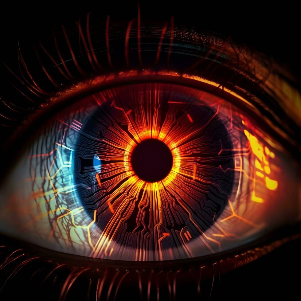 Close up of human eye with glowing iris. 3d rendering photo
