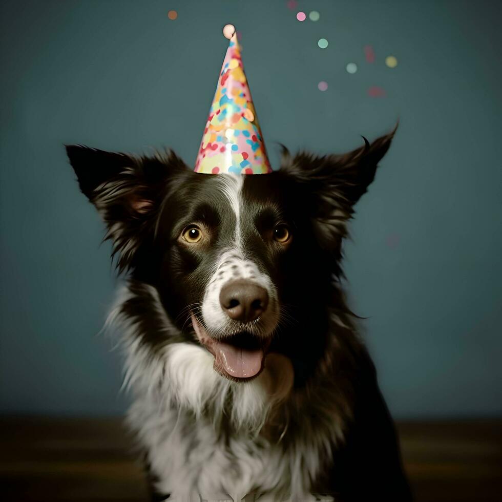 gracioso retrato de linda smilling perrito perro frontera collie vistiendo cumpleaños fiesta sombrero en azul antecedentes. nuevo año y Navidad fiesta concepto foto