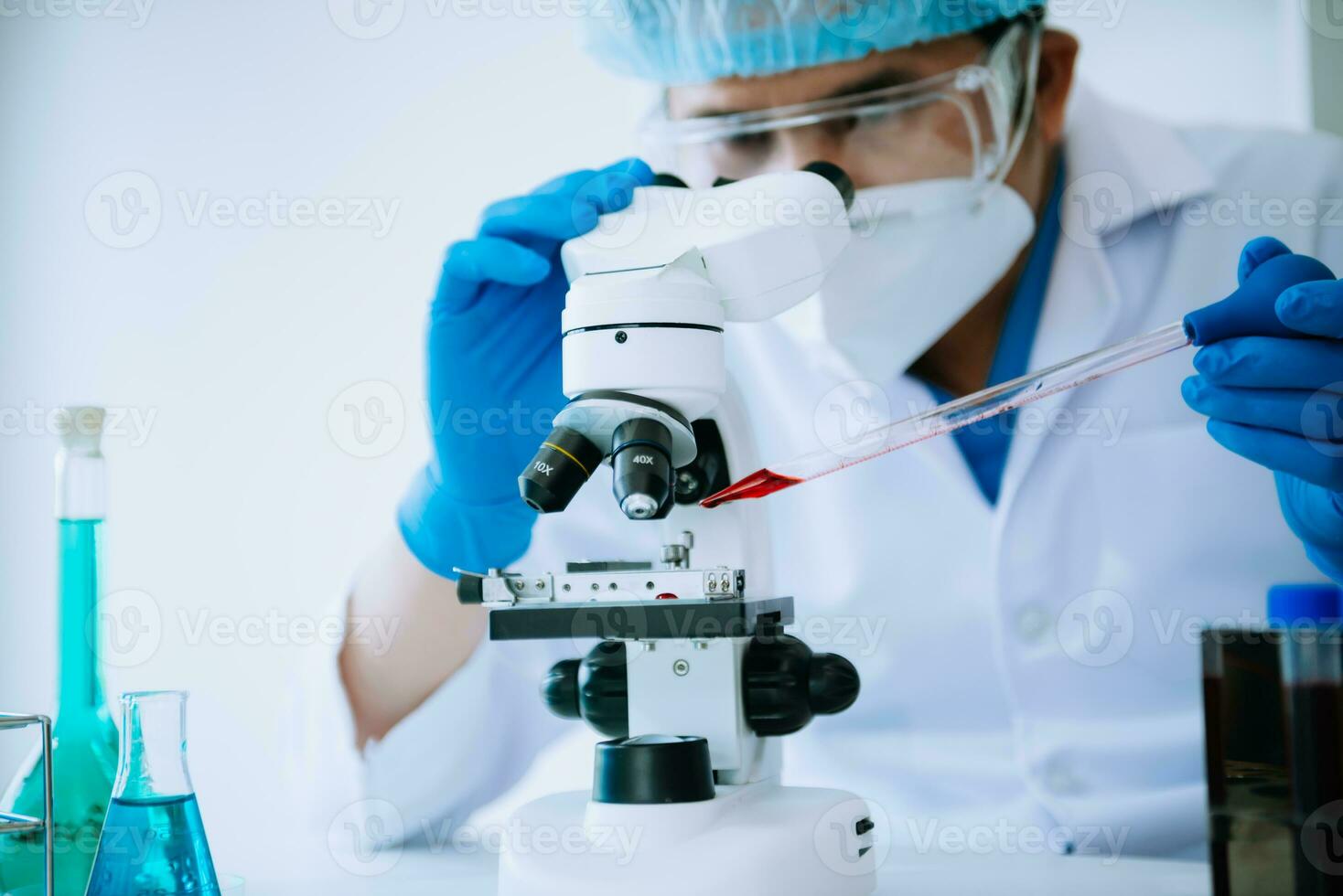 Test tubes in clinic, pharmacy and medical research laboratory and chemical substances photo
