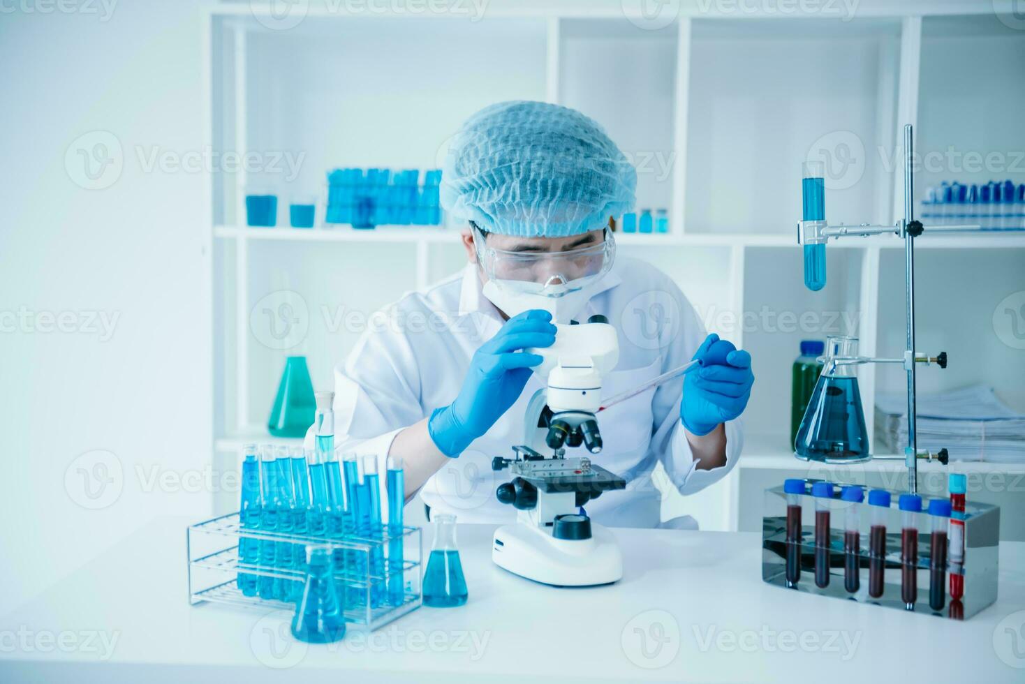 Test tubes in clinic, pharmacy and medical research laboratory and chemical substances photo