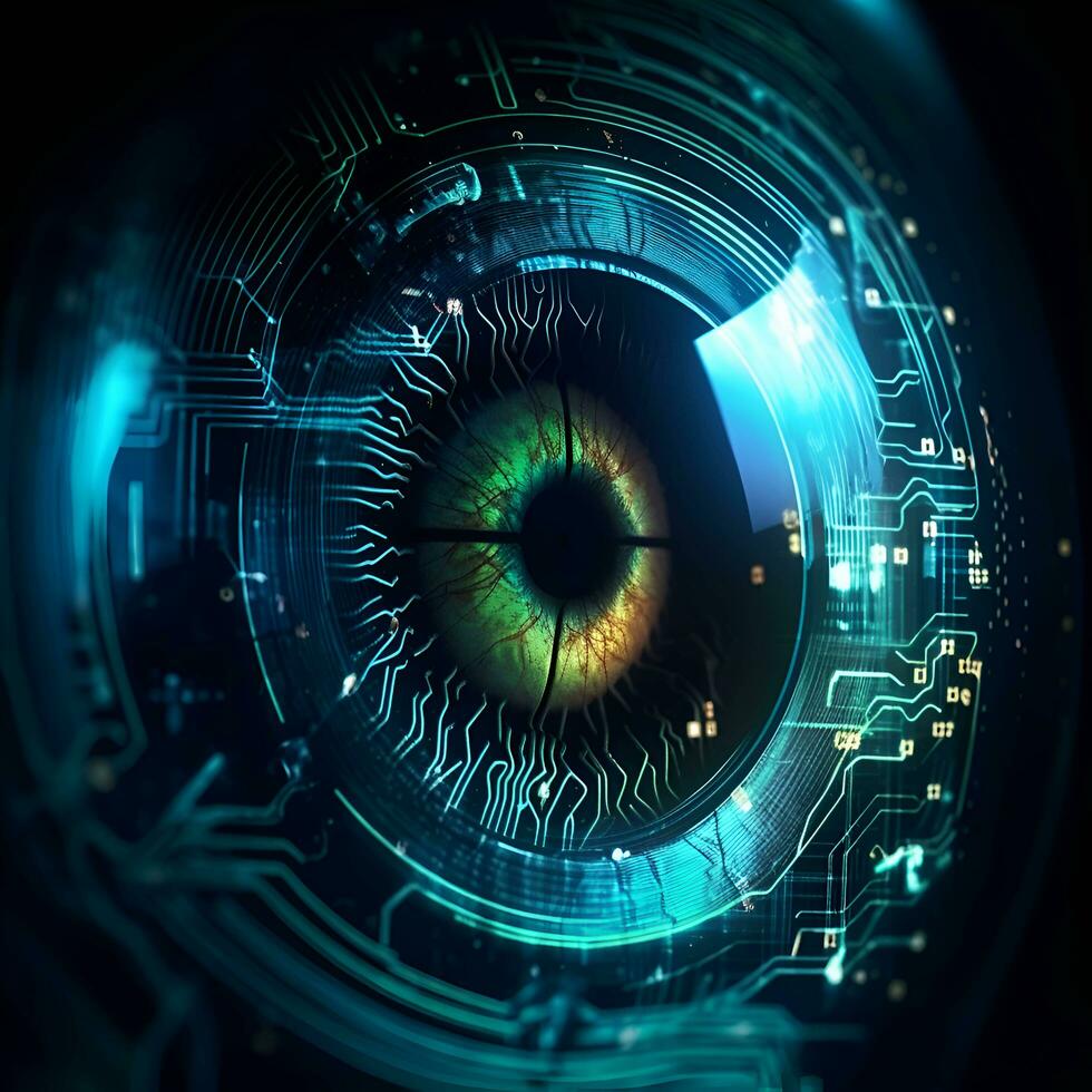 Human eye in digital cyberspace. 3d rendering toned image photo