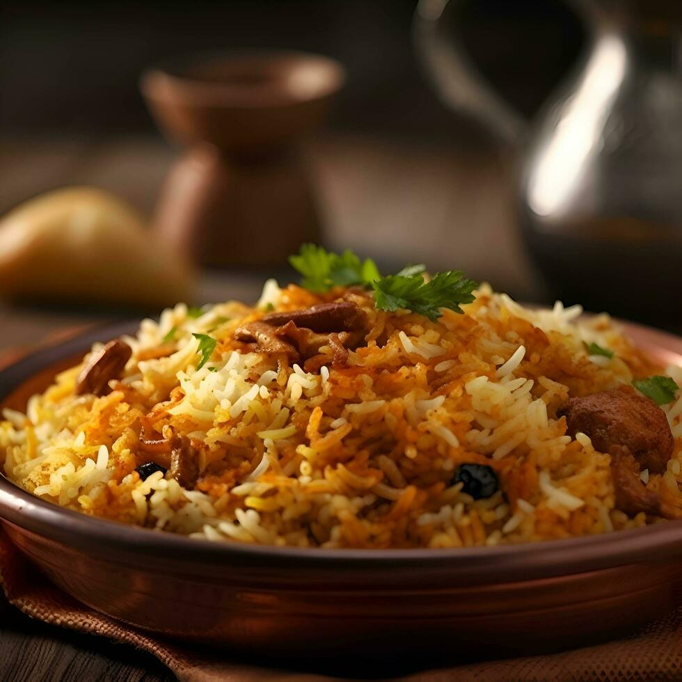 Traditional pilaf with meat and vegetables in a clay plate on a wooden table photo