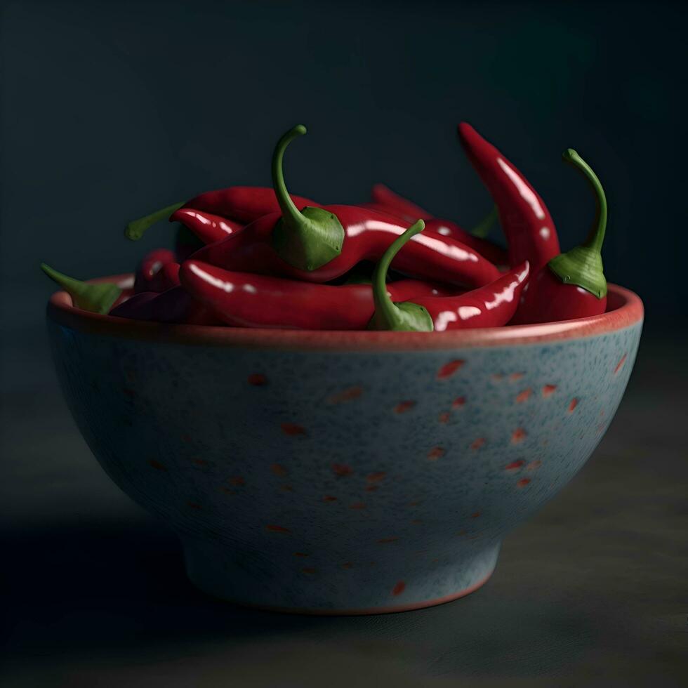 rojo caliente chile pimientos en un cerámico cuenco en un oscuro antecedentes. foto