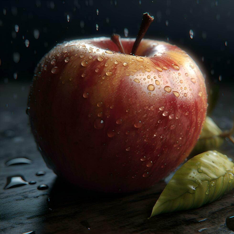 Fresh red apple with drops of water on a dark wooden surface. photo