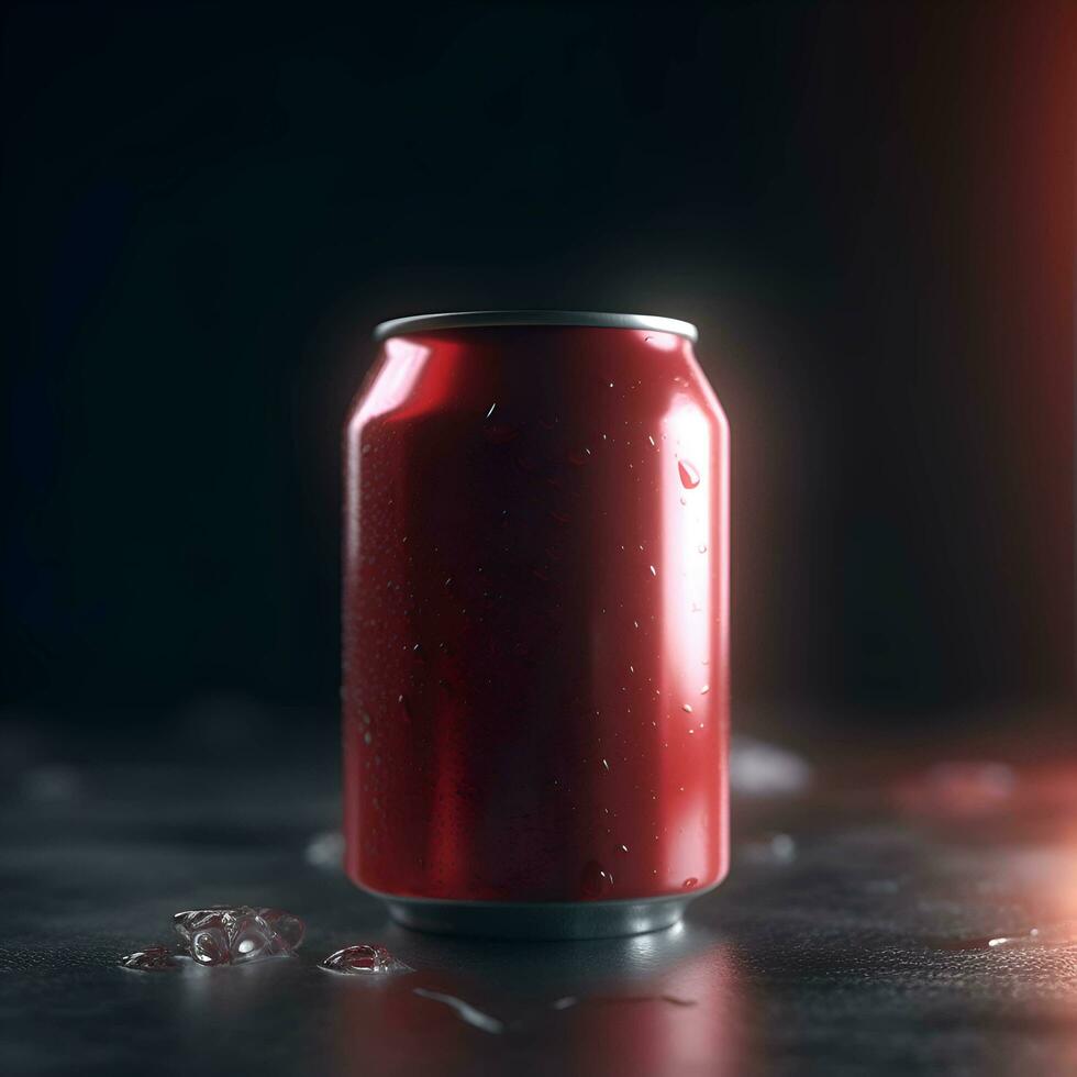 Aluminum soda can with water drops on dark background  close up photo