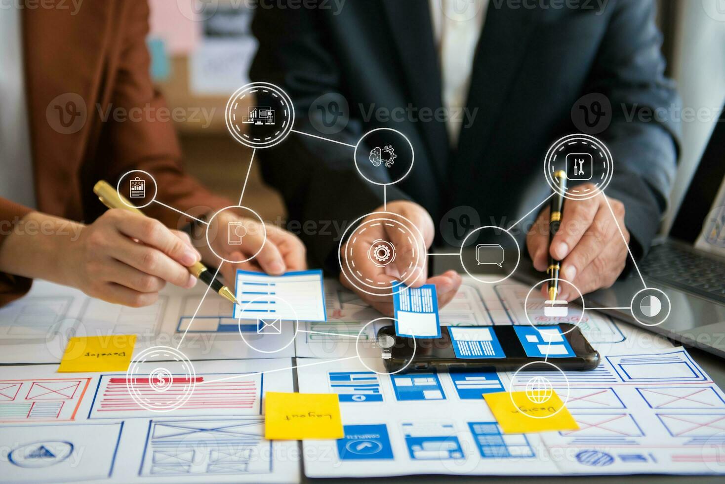 UX graphic designer planning application process development prototype wireframe for web smart phone. Creative digital development agency. photo