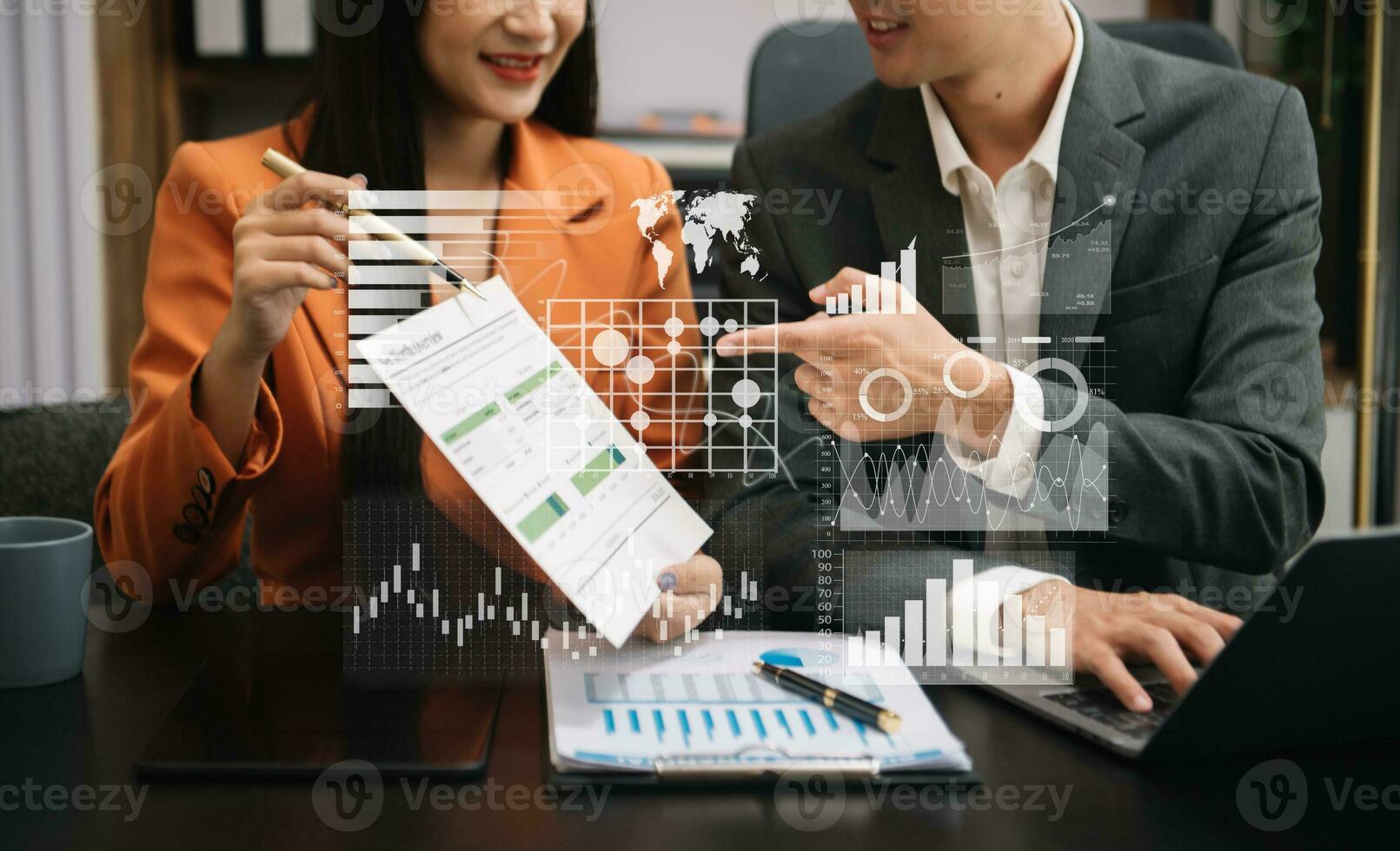 Data Management System with Business Analytics concept. business team hands working with provide information for Key Performance Indicators and marketing analysis onn virtual computer photo