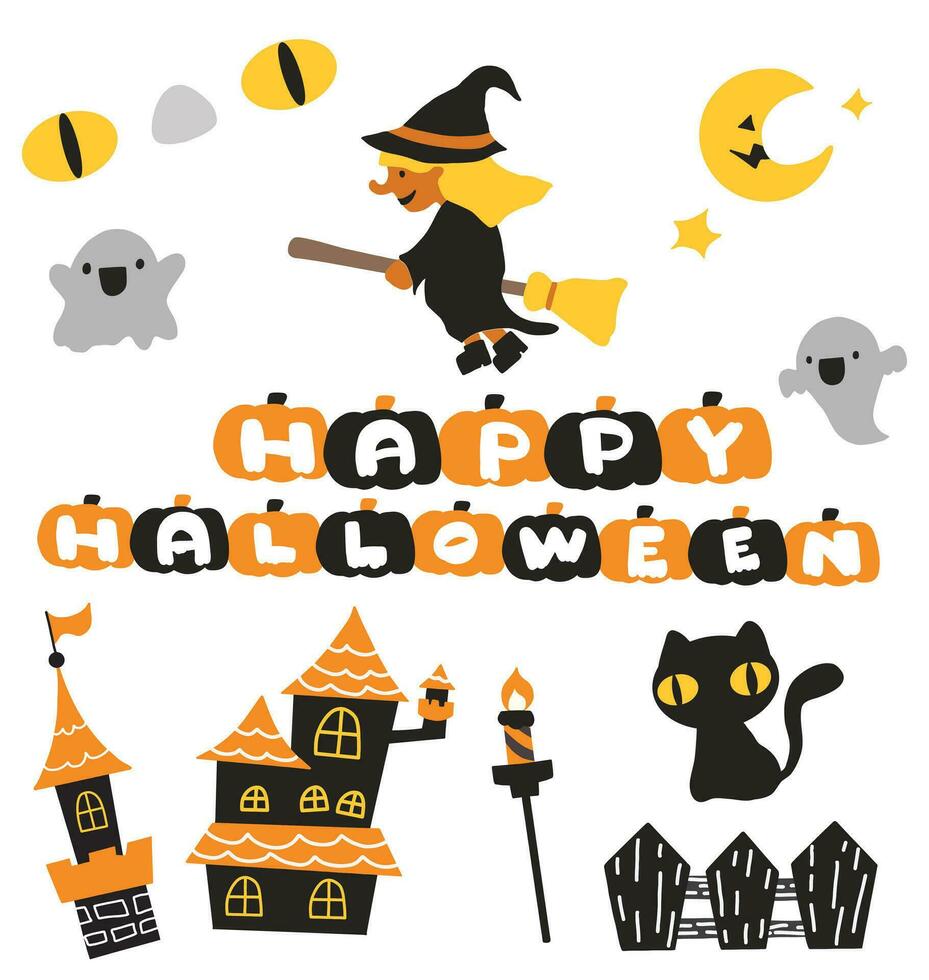 Witch Halloween cute character and decoration vector collection