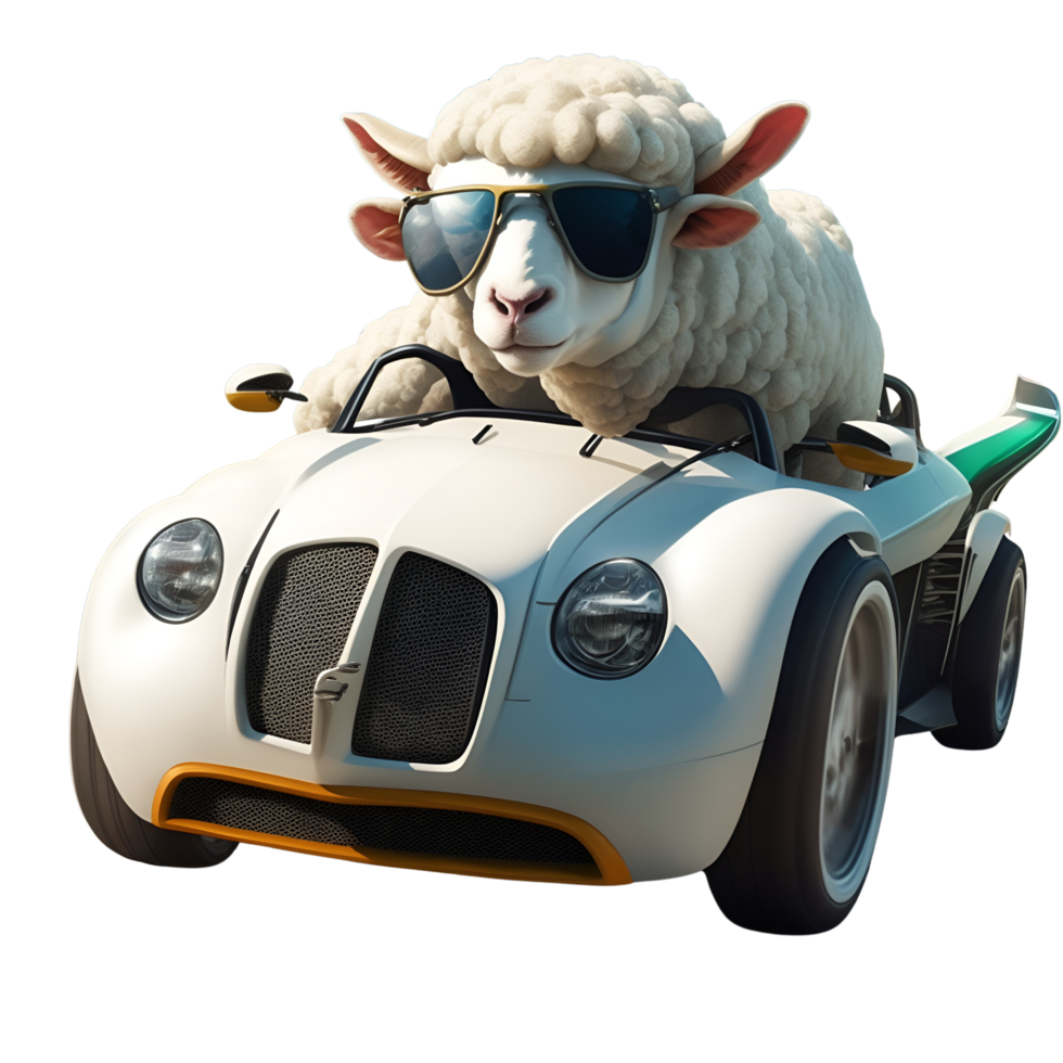 3D illustration of a cute sheep driving a race car. It is suitable for poster design elements. AI Generate images. png