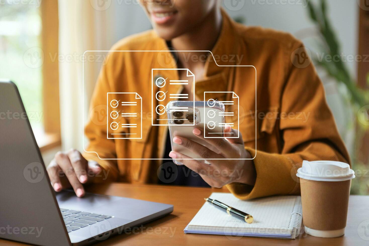 Online business contract Electronic signature, e-signing, digital document management, paperless office, business hand working at office photo