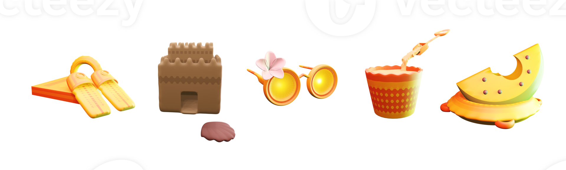 3d Symbol Sommer- Sammlung gerendert isoliert auf das transparent Hintergrund. Slipper, Sand Schloss, Sonnenbrille, Sand Eimer, und Wassermelone Objekt zum Ihre Design. png