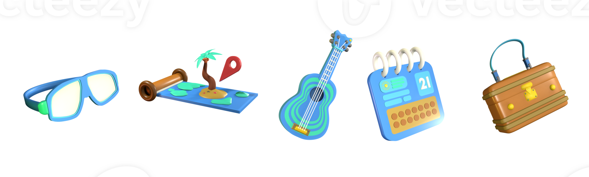 3D icon summer collection rendered isolated on the transparent background. diving glasses, destination, ukulele, calender, and travel bag object for your design. png