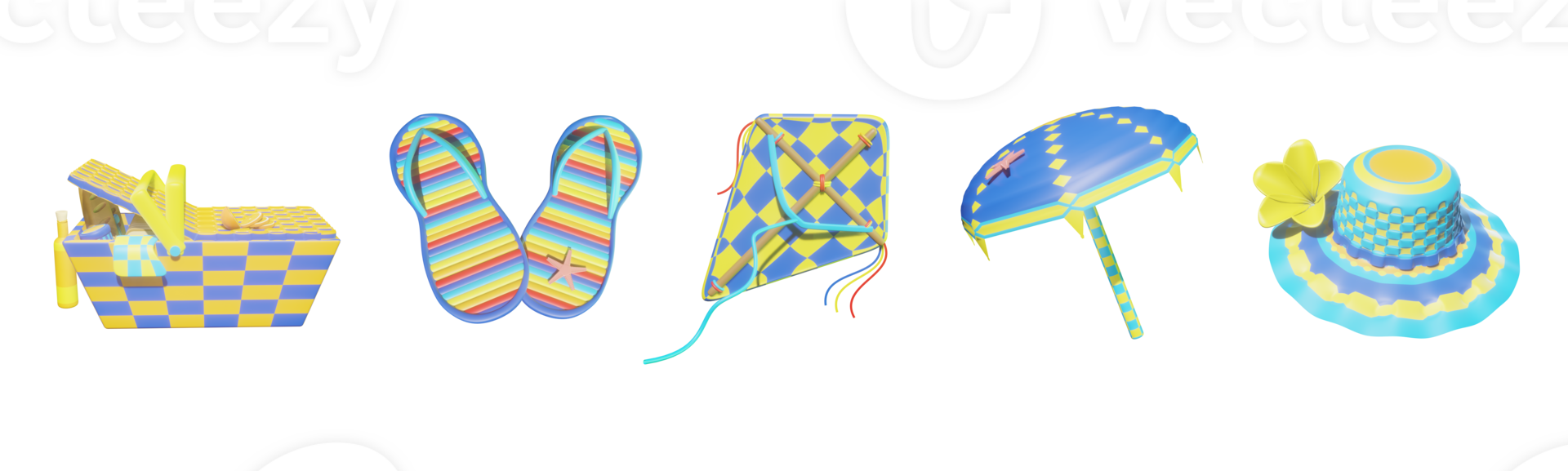 3D icon summer collection rendered isolated on the transparent background. Picnic basket, slipper, kite, umbrella, and beach hat object for your design. png