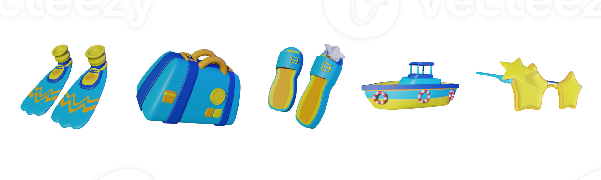 3d icoon zomer verzameling weergegeven geïsoleerd Aan de transparant achtergrond. duiken vin, reizen bagage, pantoffel, boot, en zonnebril voorwerp voor uw ontwerp. png