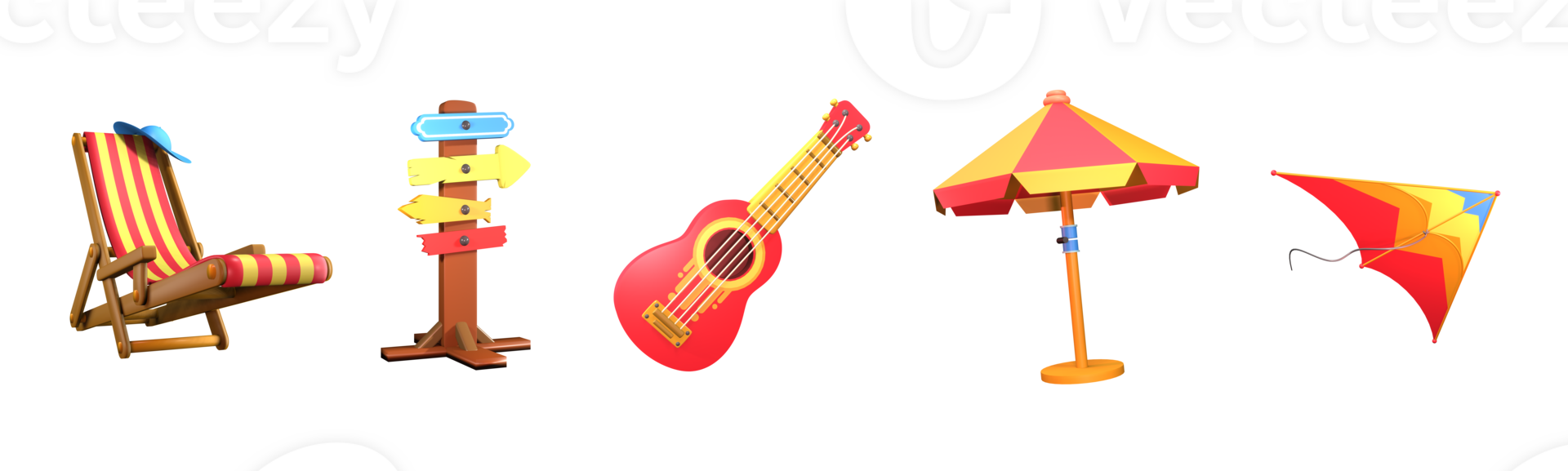 3D icon summer collection rendered isolated on the transparent background. Beach chair, signpost, ukulele, beach umbrella, and kite object for your design. png