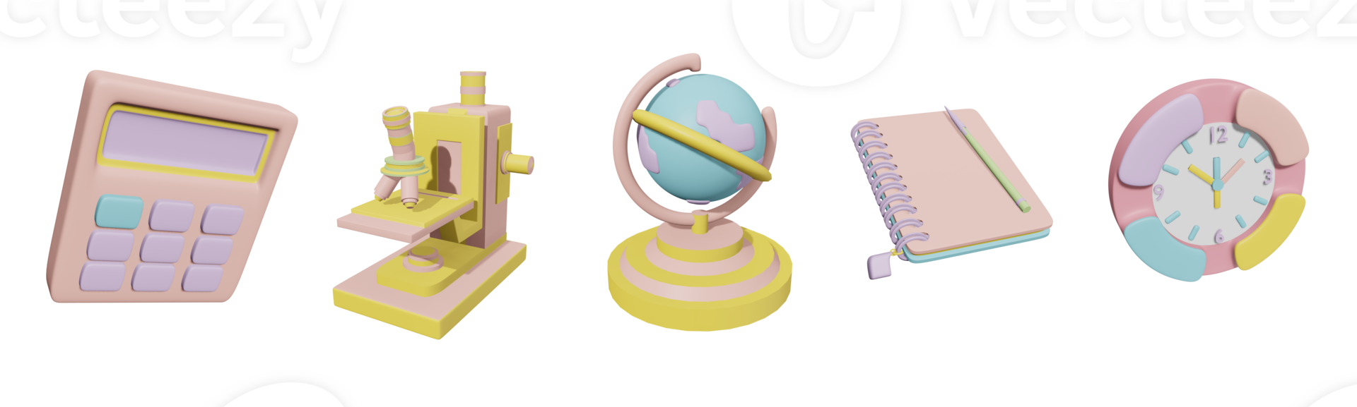 3d Symbol zurück zu Schule Sammlung gerendert isoliert auf das transparent Hintergrund. Taschenrechner, Mikroskop, Globus, Buch, und Schule Uhr Objekt zum Ihre Design. png