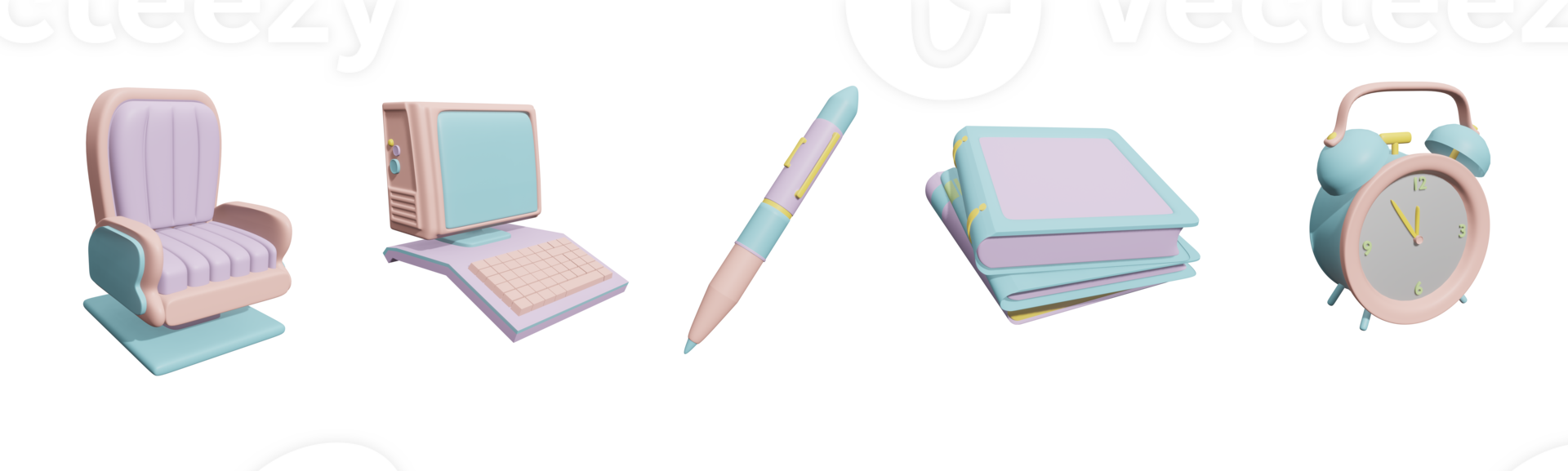 3D icon back to school collection rendered isolated on the transparent background. auditorium chair, computer, mechanic pencil,  textbook, and alarm clock object for your design. png