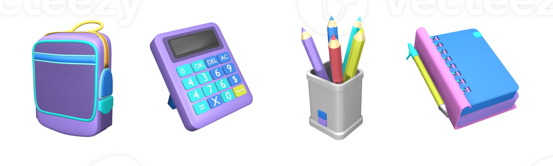 3D icon back to school collection rendered isolated on the transparent background. Calculator, bag, colored pencils, and book object for your design. png