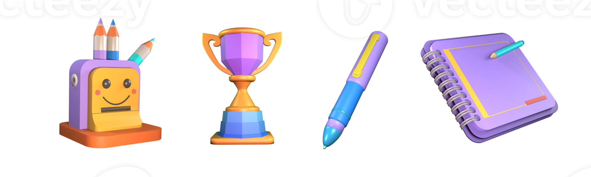 3D icon back to school collection rendered isolated on the transparent background. sharpener, trophy, highlighter, and notebook object for your design. png