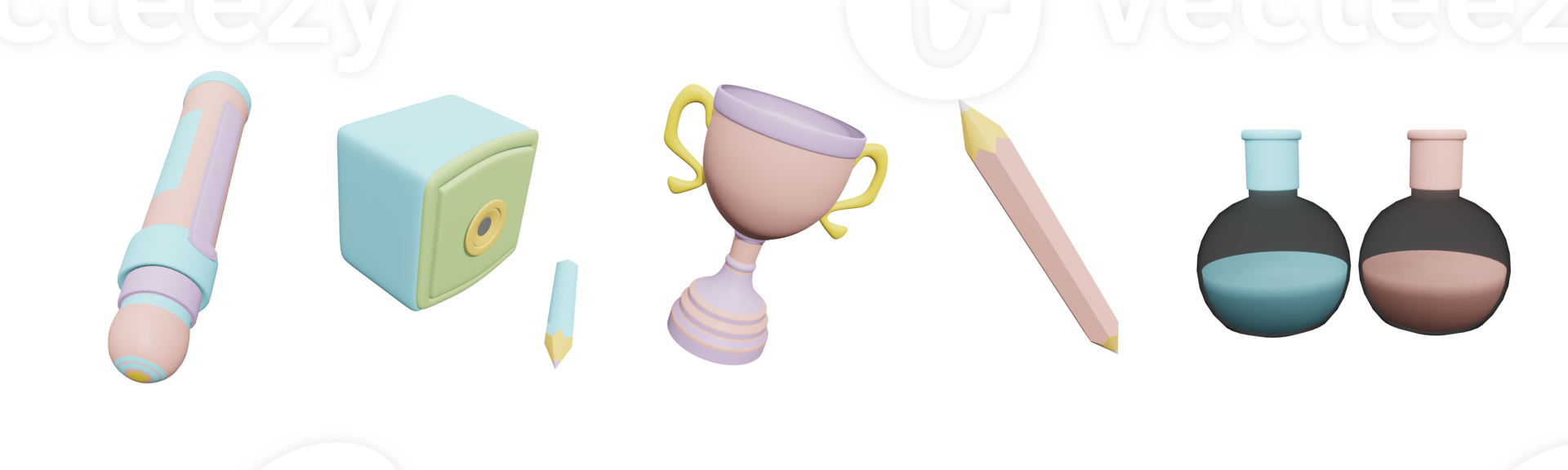 3D icon back to school collection rendered isolated on the transparent background. highlighter, pencil with sharpener, trophy, pencil and flask object for your design. png