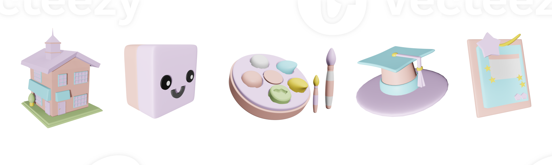 3D icon back to school collection rendered isolated on the transparent background. school building, eraser, art palette, graduation cap, report card object for your design. png