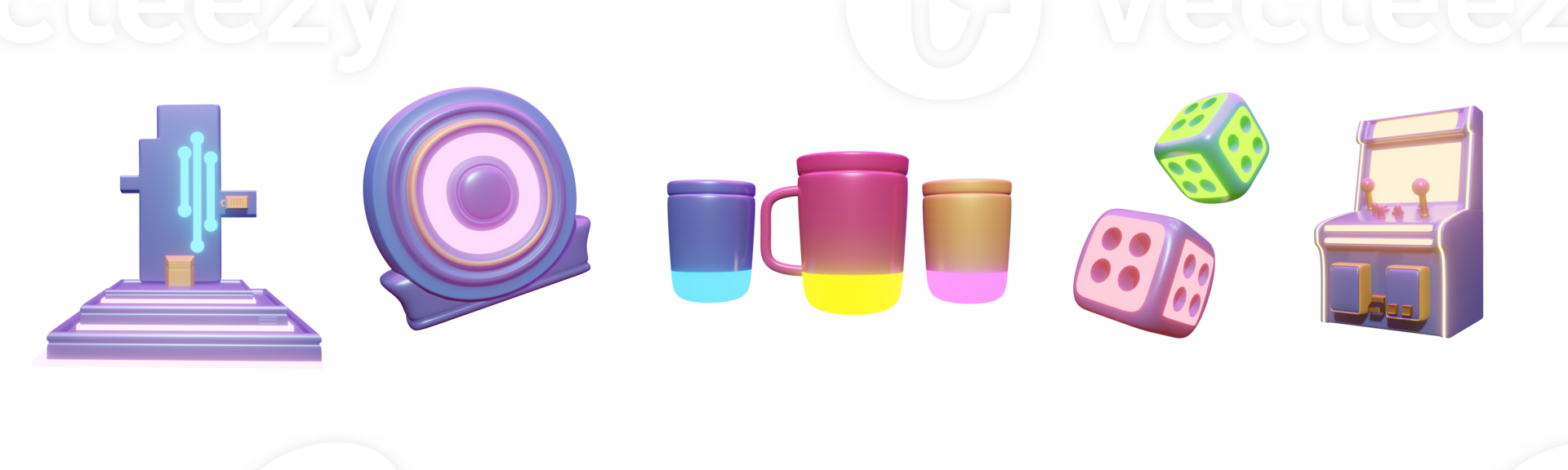 3D icon video games collection rendered isolated on the transparent background. Level up, speaker, game cups, game cube, and arcade machine object for your design. png
