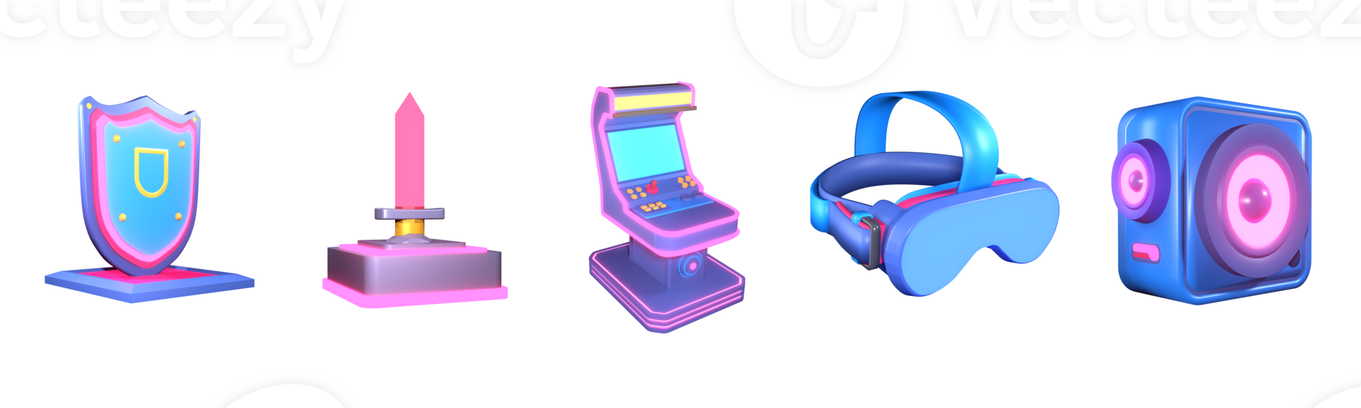 3D icon video games collection rendered isolated on the transparent background. shield, sword, arcade machine, virtual reality headset, and speaker object for your design. png