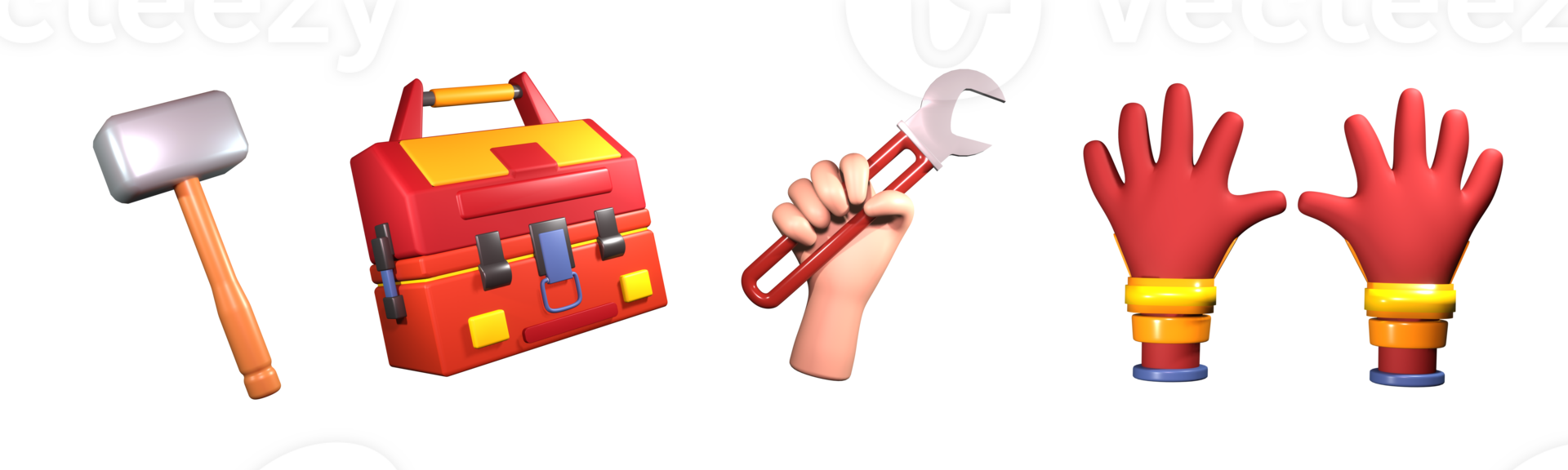 3D icon labor day collection rendered isolated on the transparent background. hammer, toolbox, han holding wrench, and worker's glove object for your design. png