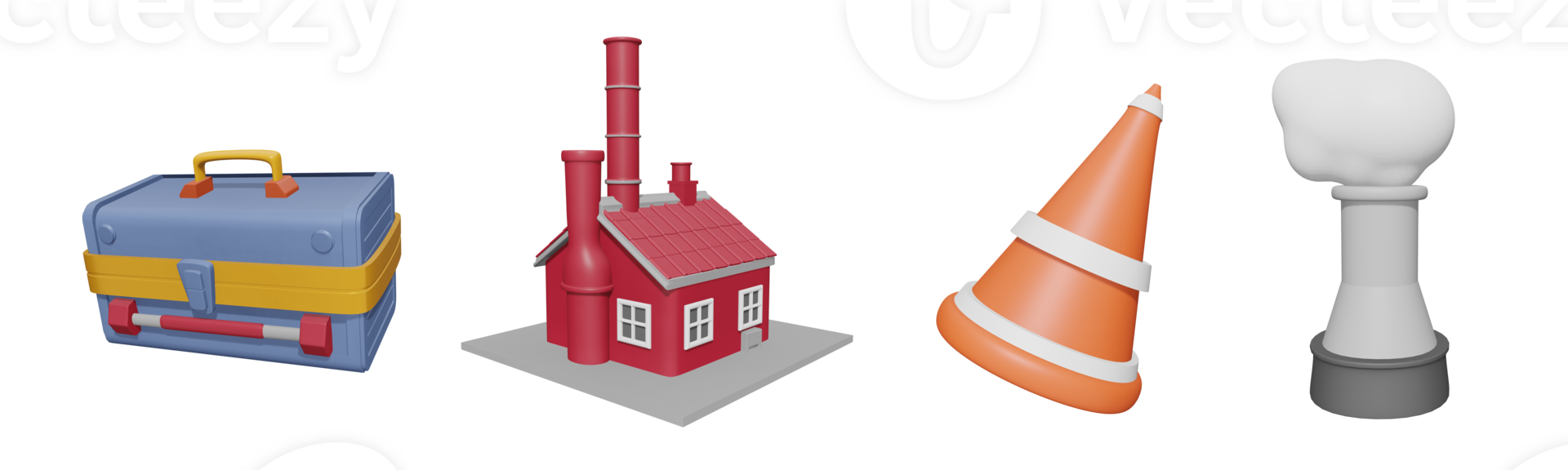 3D icon labor day collection rendered isolated on the transparent background. toolbox, factory building, construction cone, and factory chimney object for your design. png