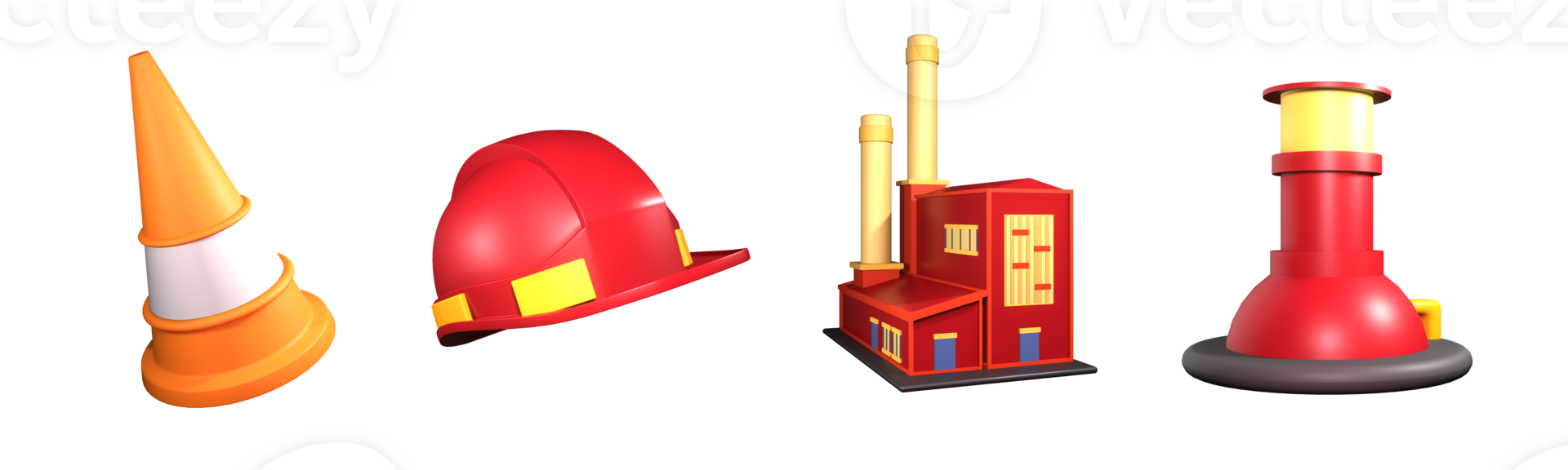3D icon labor day collection rendered isolated on the transparent background. construction cone, construction hat, factory building, and factory chimney object for your design. png