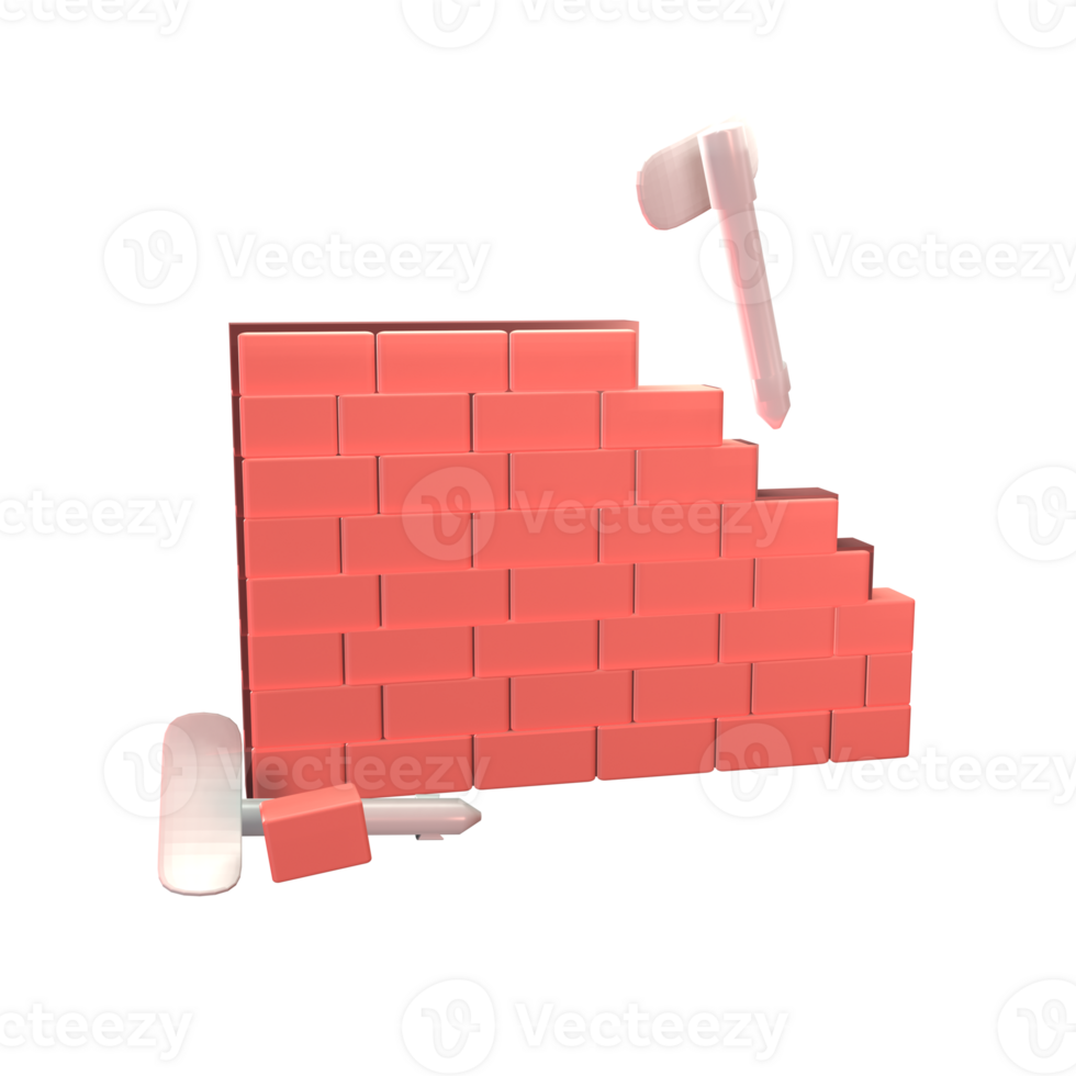 3D icon brick-wall with masonry trowel rendered isolated on the transparent background png